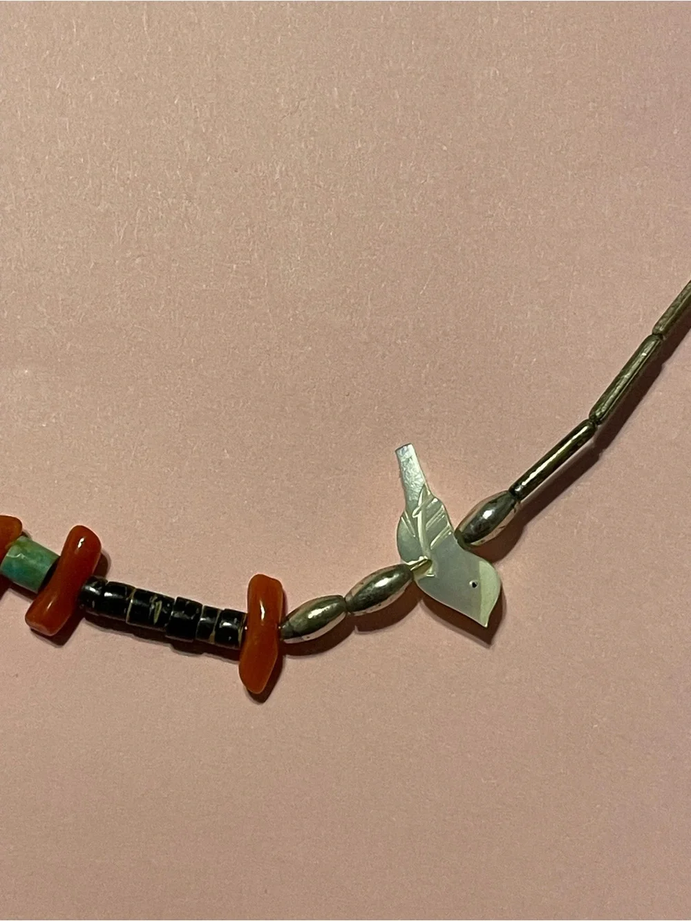 Vintage Turquoise Coral Heishi Liquid Silver Bird Necklace #9380